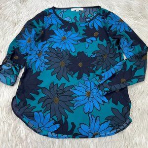 LOFT Floral Roll Tab Sleeve Pop Over Blouse